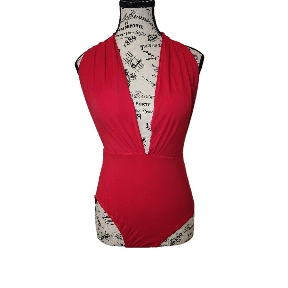 Unbranded Red Plunging V Neck Halter One Piece Swimsuit Open Back No Size